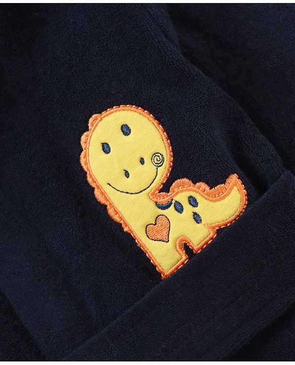 Babyhug Cotton Full Sleeves Dino Embroidery Hooded Bath Rob - Navy