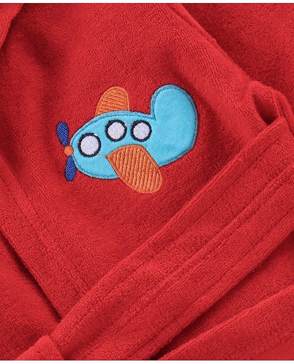 Babyhug Cotton Full Sleeves Airplane Embroidery Hooded Bath Rob - Red