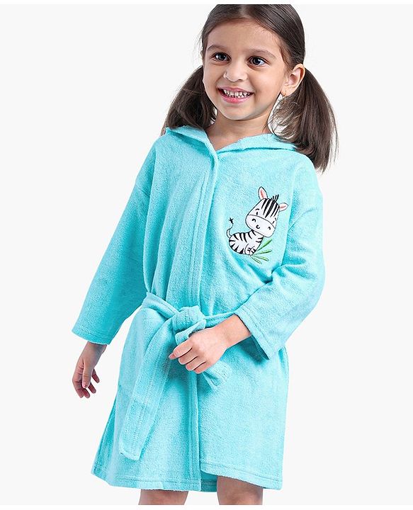Babyhug Cotton Full Sleeves Zebra Embroidery Hooded Bath Rob - Aqua