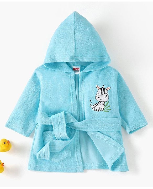 Babyhug Cotton Full Sleeves Zebra Embroidery Hooded Bath Rob - Aqua