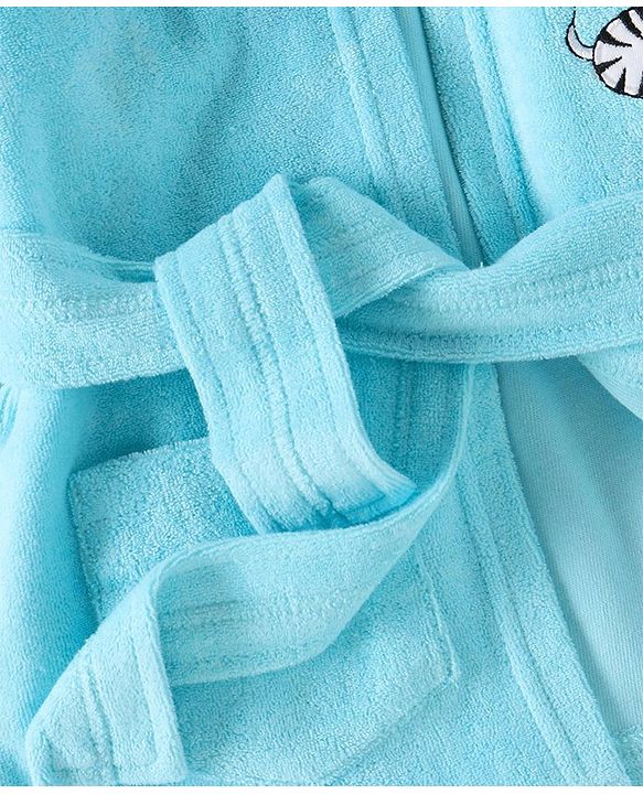 Babyhug Cotton Full Sleeves Zebra Embroidery Hooded Bath Rob - Aqua