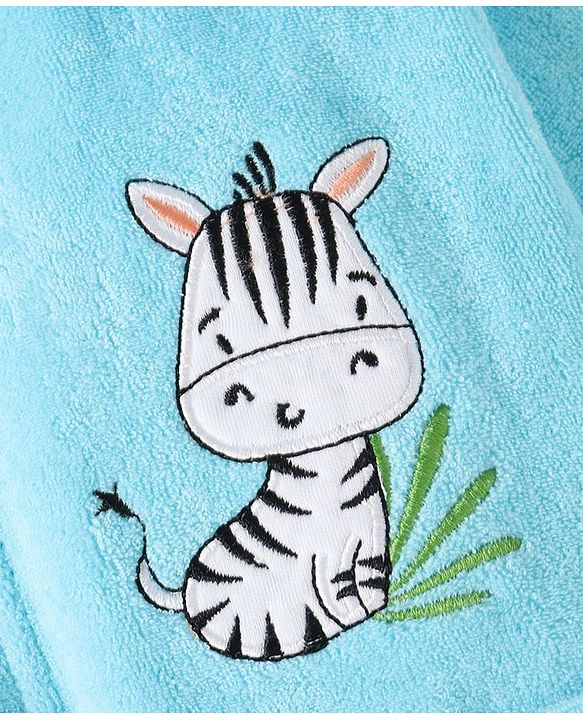 Babyhug Cotton Full Sleeves Zebra Embroidery Hooded Bath Rob - Aqua