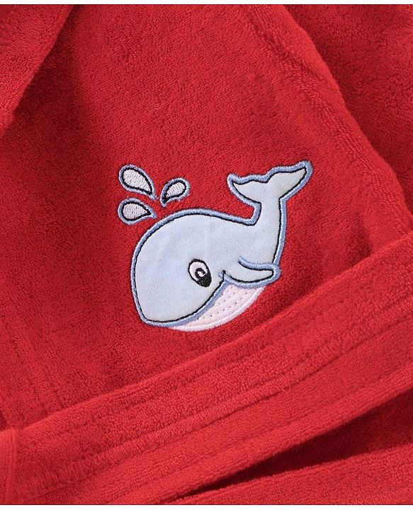 Babyhug Cotton Full Sleeves Whale Embroidery Hooded Bath Robe - Red