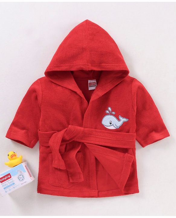 Babyhug Cotton Full Sleeves Whale Embroidery Hooded Bath Robe - Red