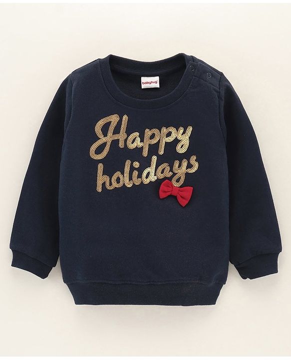 Babyhug Full Sleeves Sweatshirt With Sequence Embroidery & Bow Detailing- Navy