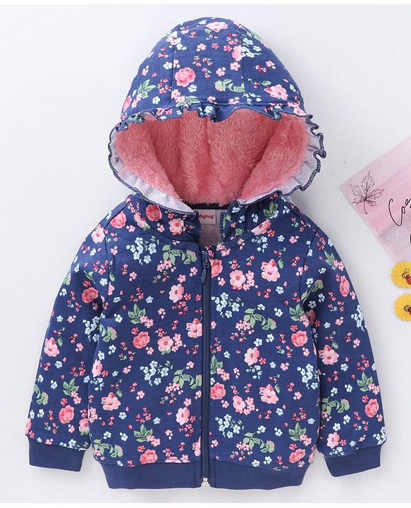 Babyhug Cotton Knit Full Sleeves Hooded Sweat Jacket Floral Print - Blue