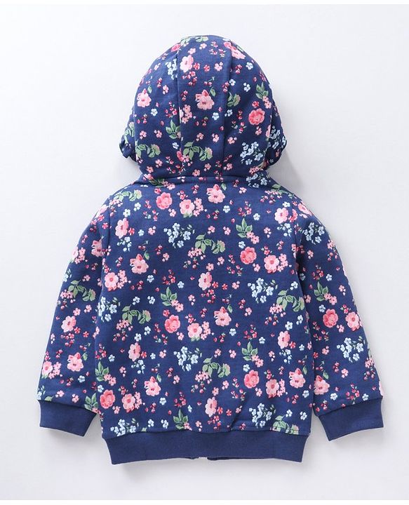 Babyhug Cotton Knit Full Sleeves Hooded Sweat Jacket Floral Print - Blue