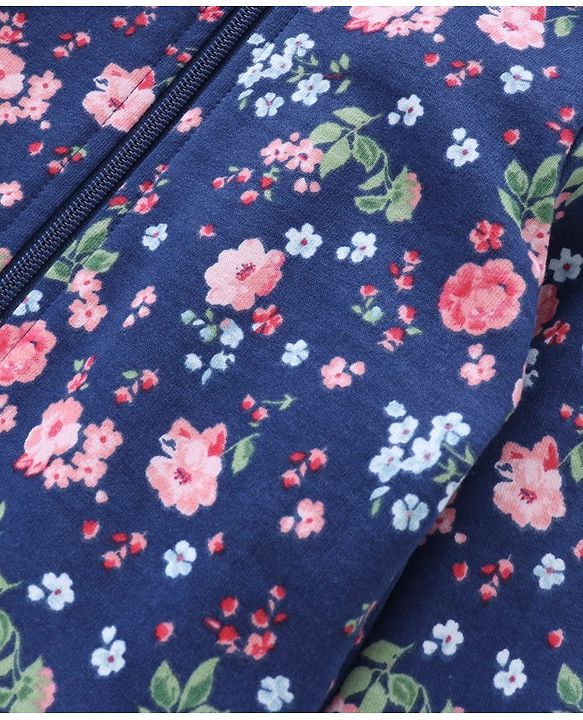 Babyhug Cotton Knit Full Sleeves Hooded Sweat Jacket Floral Print - Blue