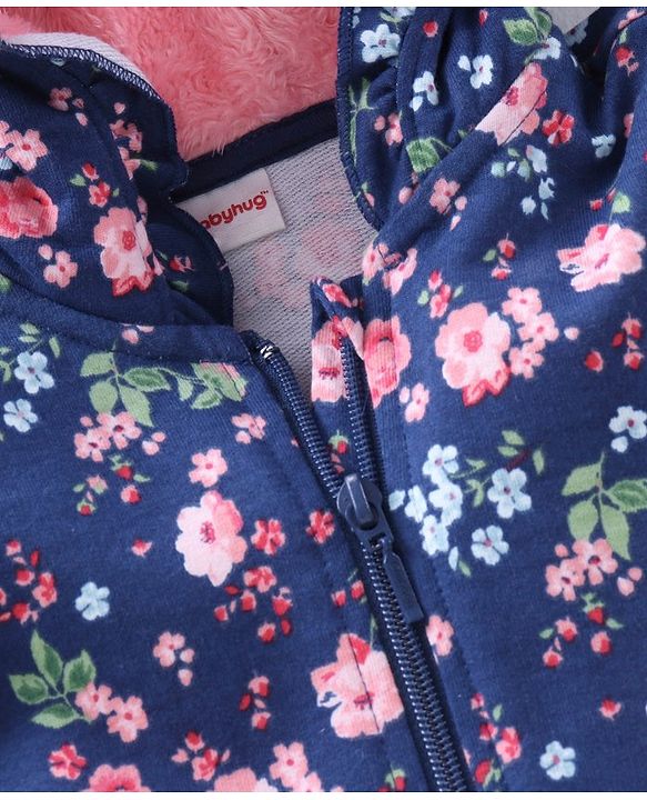 Babyhug Cotton Knit Full Sleeves Hooded Sweat Jacket Floral Print - Blue