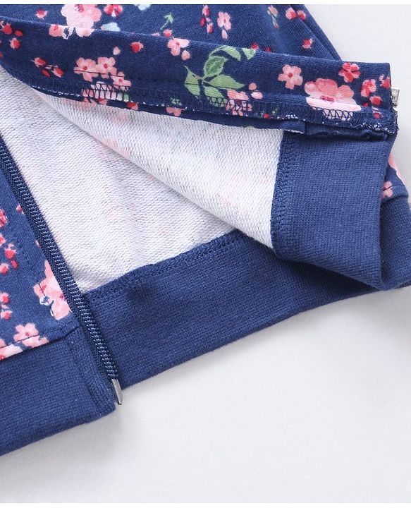 Babyhug Cotton Knit Full Sleeves Hooded Sweat Jacket Floral Print - Blue