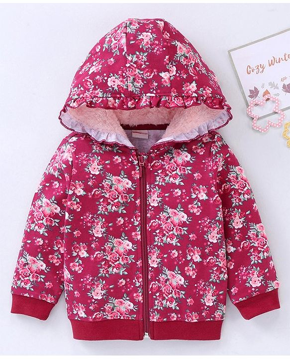 Babyhug Cotton Knit Full Sleeves Hooded Jacket Floral Print - Maroon
