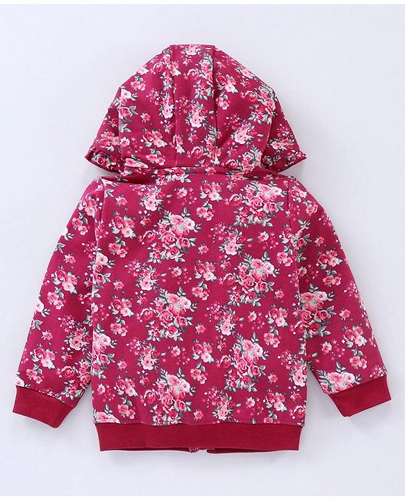 Babyhug Cotton Knit Full Sleeves Hooded Jacket Floral Print - Maroon
