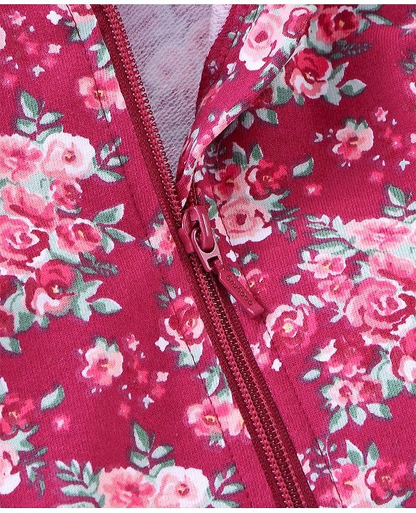 Babyhug Cotton Knit Full Sleeves Hooded Jacket Floral Print - Maroon