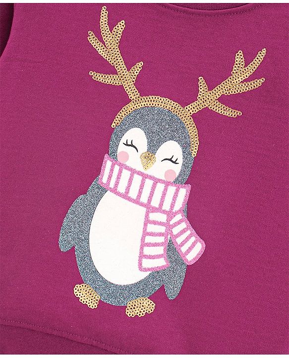 Babyhug Full Sleeves Knit Sweatshirt Penguin Print & Sequin Applique - Violet