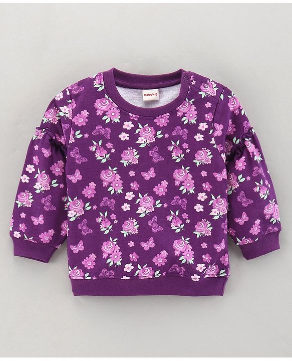 Babyhug Full Sleeve Sweatshirt Floral Print with Frill Detailing - Violet
