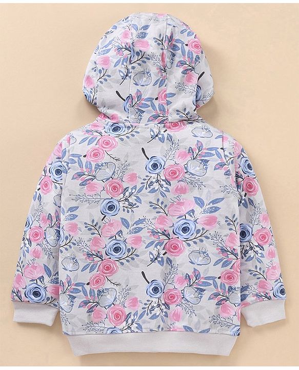 Babyhug Full Sleeves Hooded Sweat Jacket Floral Print - Grey Pink