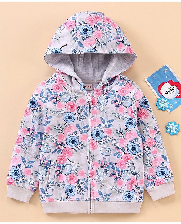Babyhug Full Sleeves Hooded Sweat Jacket Floral Print - Grey Pink