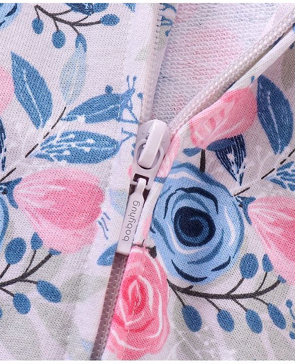 Babyhug Full Sleeves Hooded Sweat Jacket Floral Print - Grey Pink