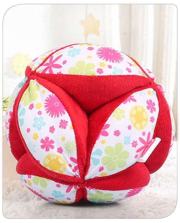 Babyhug Classic Clutch Soft Rattle Ball with Floral Print|Sensory Toy with Gentle Sound|Motor Skills, Visual Tracking & Tactile Exploration|Lightweight & Durable|BIS|0-24 Months|Red