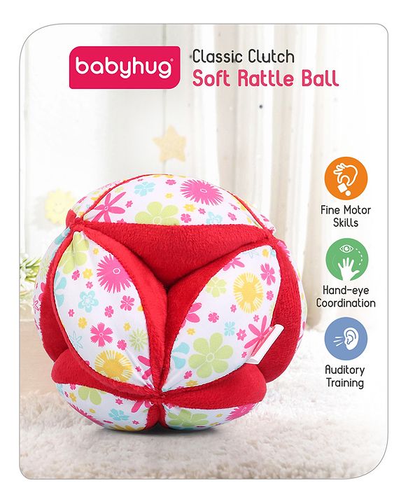 Babyhug Classic Clutch Soft Rattle Ball with Floral Print|Sensory Toy with Gentle Sound|Motor Skills, Visual Tracking & Tactile Exploration|Lightweight & Durable|BIS|0-24 Months|Red