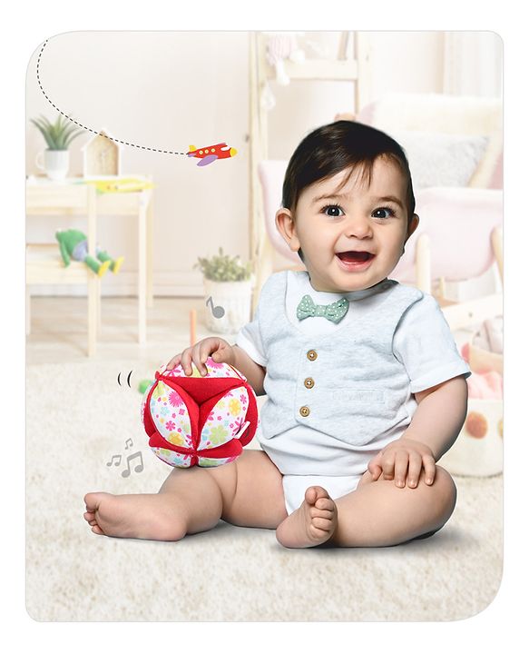 Babyhug Classic Clutch Soft Rattle Ball with Floral Print|Sensory Toy with Gentle Sound|Motor Skills, Visual Tracking & Tactile Exploration|Lightweight & Durable|BIS|0-24 Months|Red