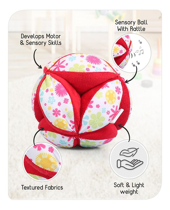 Babyhug Classic Clutch Soft Rattle Ball with Floral Print|Sensory Toy with Gentle Sound|Motor Skills, Visual Tracking & Tactile Exploration|Lightweight & Durable|BIS|0-24 Months|Red