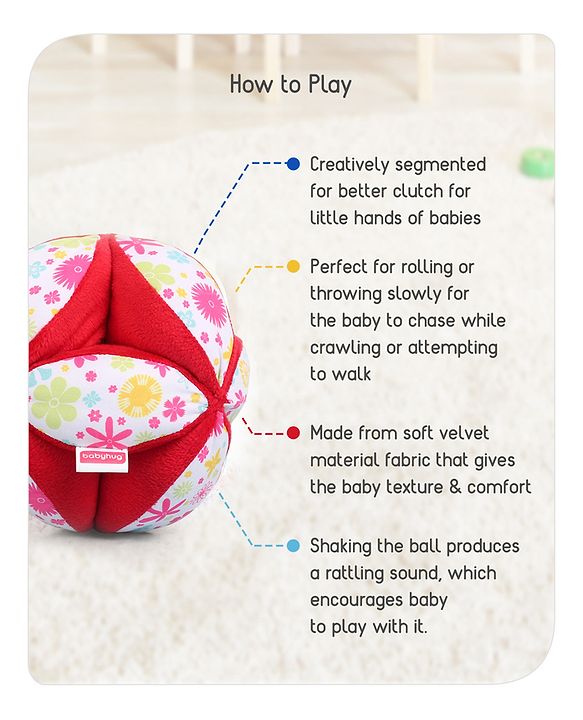 Babyhug Classic Clutch Soft Rattle Ball with Floral Print|Sensory Toy with Gentle Sound|Motor Skills, Visual Tracking & Tactile Exploration|Lightweight & Durable|BIS|0-24 Months|Red