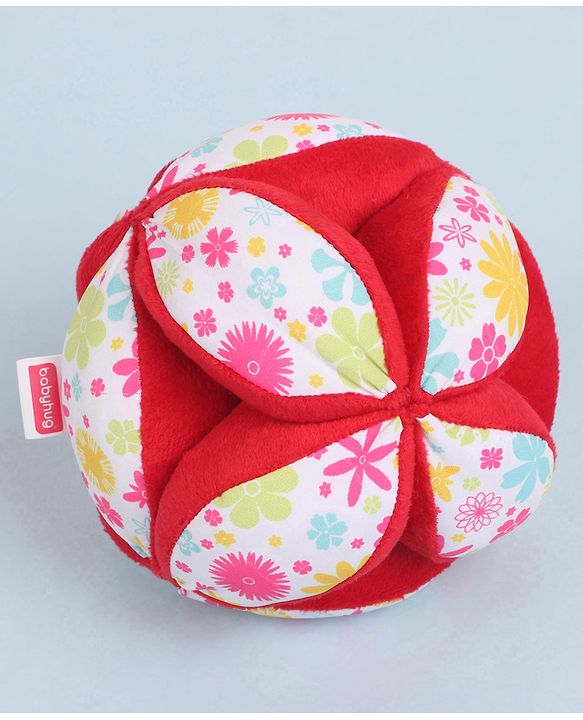 Babyhug Classic Clutch Soft Rattle Ball with Floral Print|Sensory Toy with Gentle Sound|Motor Skills, Visual Tracking & Tactile Exploration|Lightweight & Durable|BIS|0-24 Months|Red