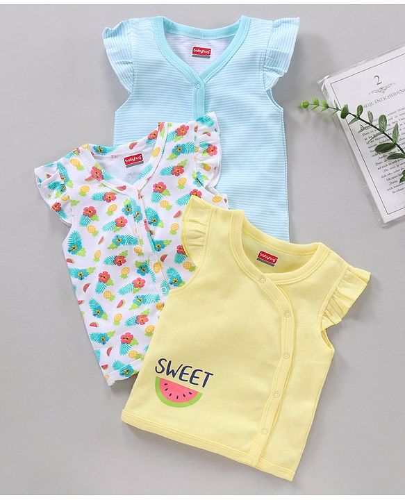 Babyhug 100% Cotton Sleeveless Stripe & Floral Printed Vest Pack Of 3 - Yellow Blue & White