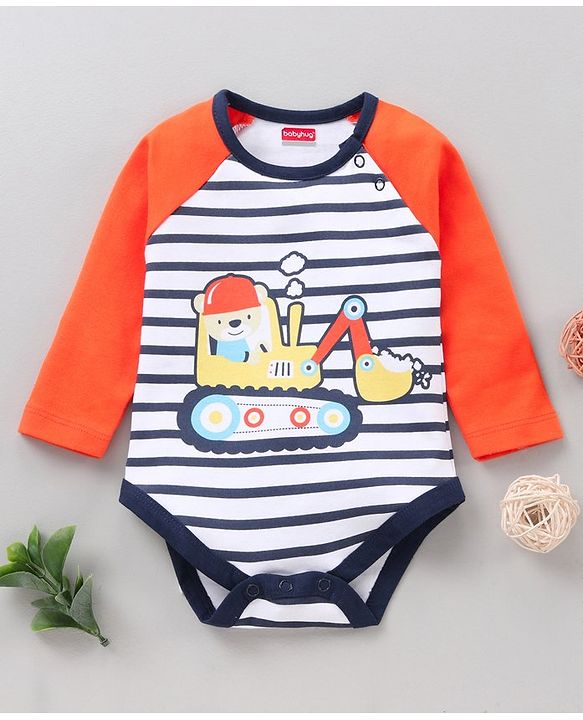 Babyhug 100% Cotton Full Sleeves Onesie Printed & Stripes - Orange