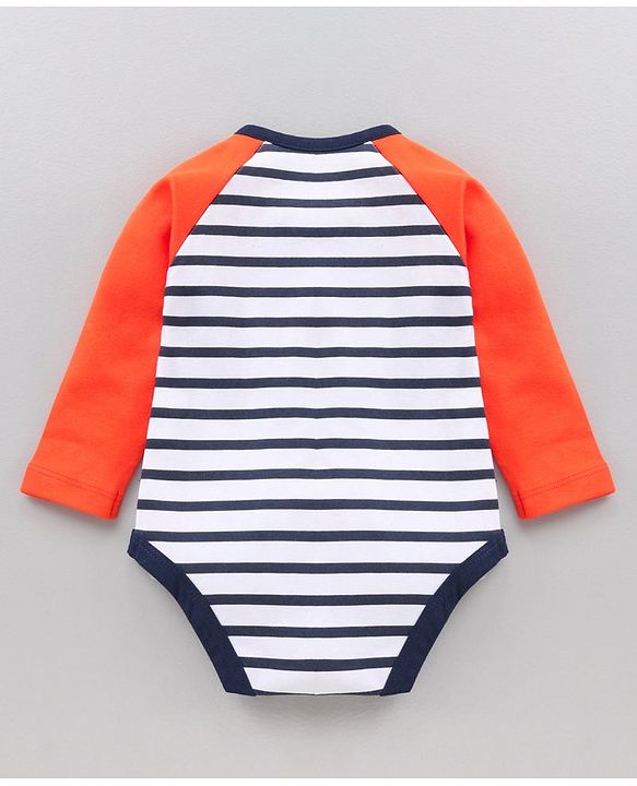 Babyhug 100% Cotton Full Sleeves Onesie Printed & Stripes - Orange