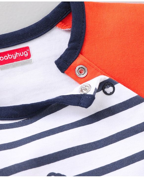 Babyhug 100% Cotton Full Sleeves Onesie Printed & Stripes - Orange