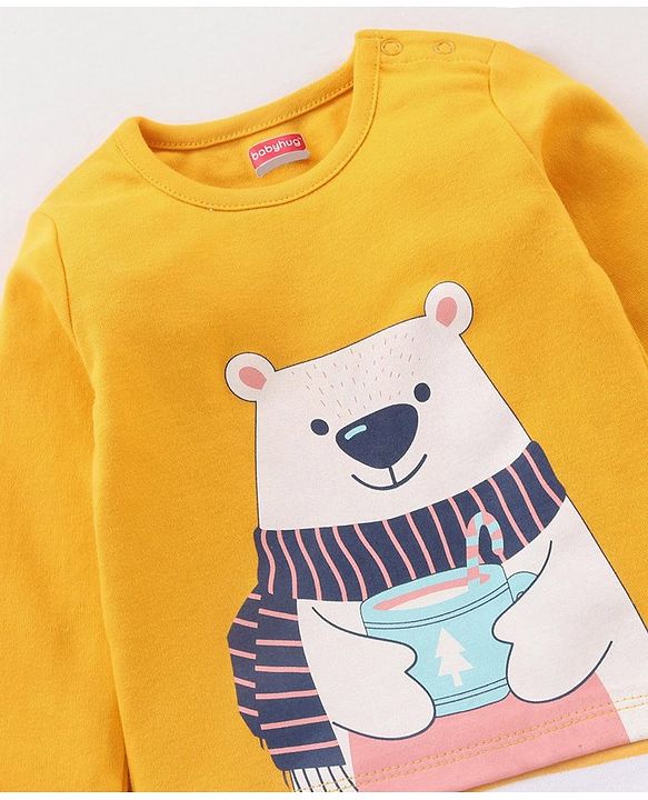 Babyhug 100% Cotton Full Sleeves Onesie Bear Print - Mustard