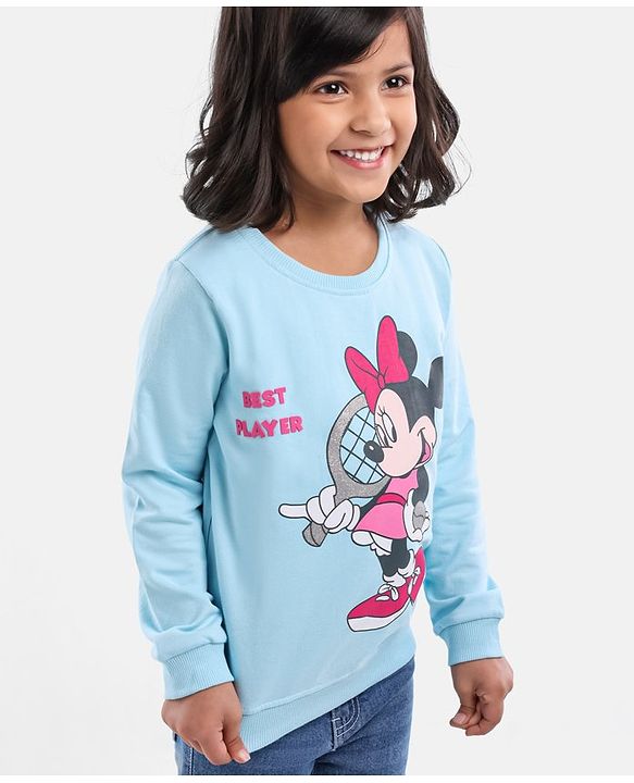 Babyhug Full Sleeves Knit Sweatshirt With Minnie Mouse Graphics- Sky Blue