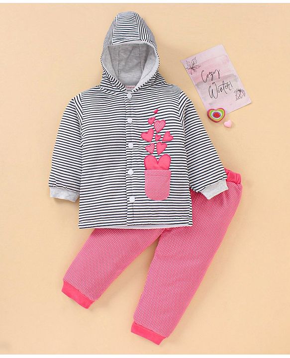 Babyhug Cotton Winter Wear Heart Patched Hooded T-Shirt and Dotted Lounge Pant - Navy Blue Pink