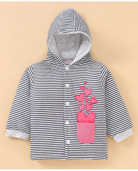Babyhug Cotton Winter Wear Heart Patched Hooded T-Shirt and Dotted Lounge Pant - Navy Blue Pink