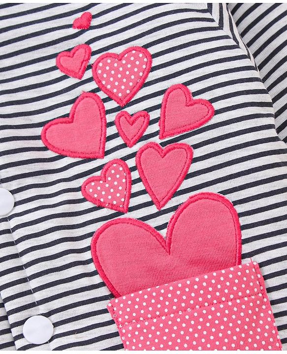Babyhug Cotton Winter Wear Heart Patched Hooded T-Shirt and Dotted Lounge Pant - Navy Blue Pink
