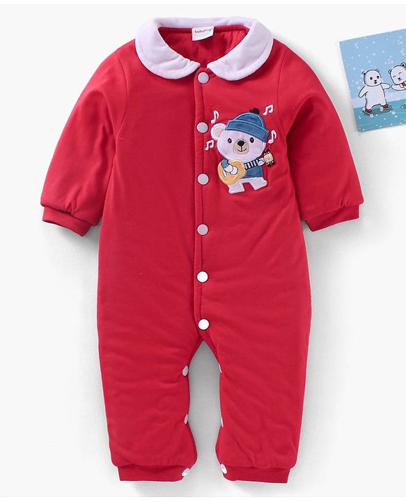 Babyhug Full Sleeves Romper Bear Embroidery - Red