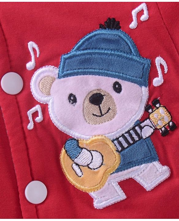 Babyhug Full Sleeves Romper Bear Embroidery - Red
