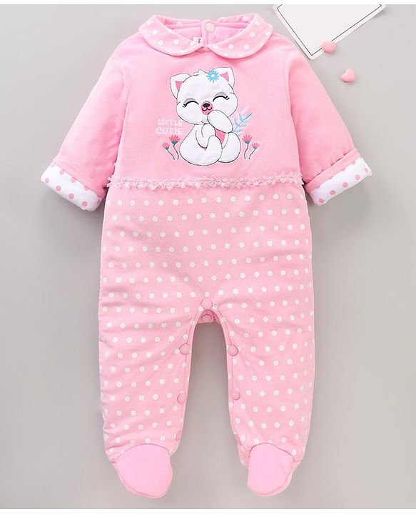 Babyhug Woven Full Sleeves Rompers Kitty Applique - Pink