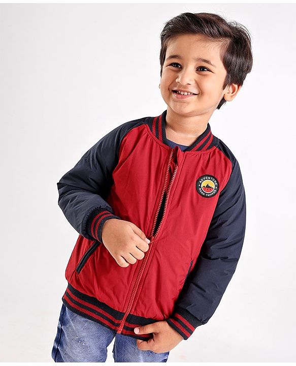 Babyhug Full Sleeves Bomber Jacket Color Block - Red