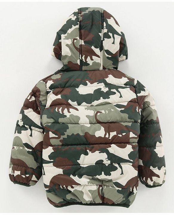 Babyhug Full Sleeves Woven Hooded Padded Jacket Dino Print - Green