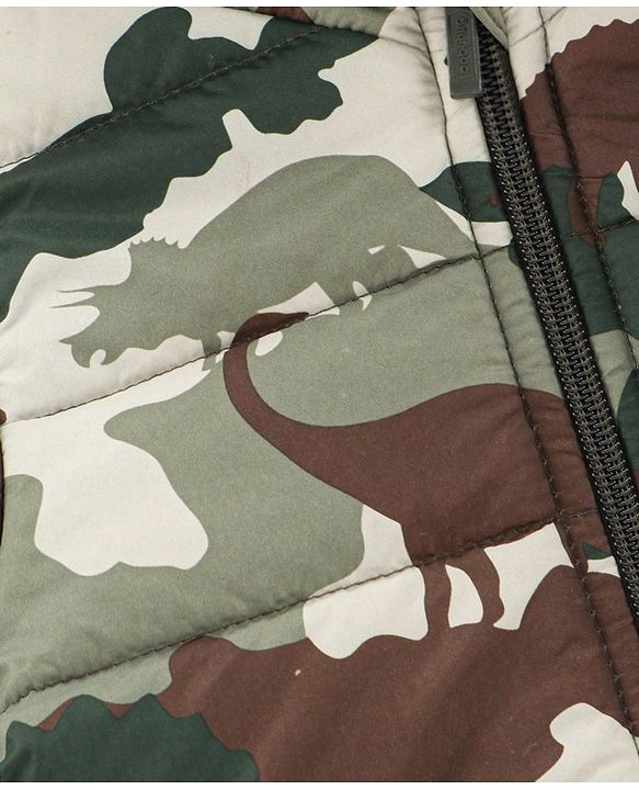 Babyhug Full Sleeves Woven Hooded Padded Jacket Dino Print - Green