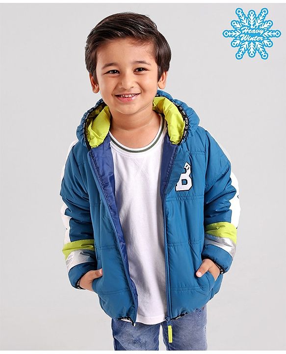 Babyhug Full Sleeves Hooded Padded Winter Jacket Color Block - Blue