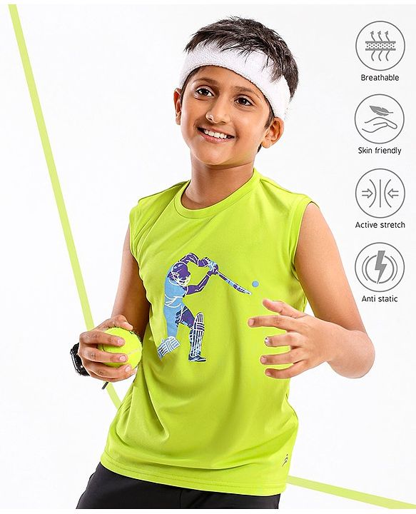 Pine Active Skin Friendly & Breathable Sleeveless Cricket Print T-Shirt - Green