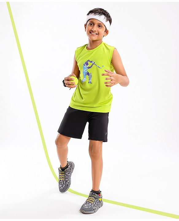 Pine Active Skin Friendly & Breathable Sleeveless Cricket Print T-Shirt - Green