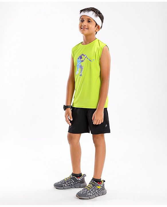 Pine Active Skin Friendly & Breathable Sleeveless Cricket Print T-Shirt - Green