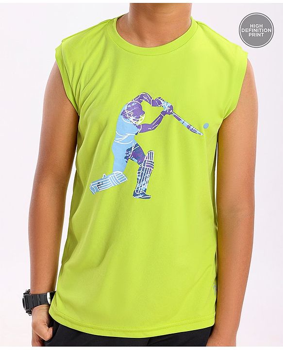 Pine Active Skin Friendly & Breathable Sleeveless Cricket Print T-Shirt - Green