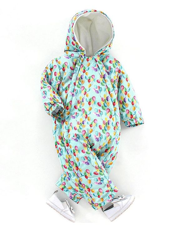 Babyhug Woven Full Sleeves Hooded Rompers Balloons Print - Blue