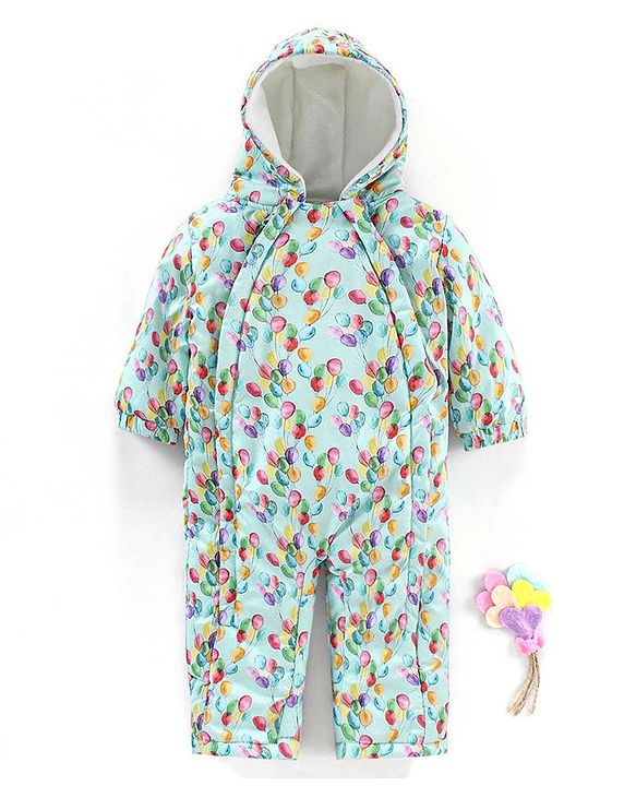 Babyhug Woven Full Sleeves Hooded Rompers Balloons Print - Blue